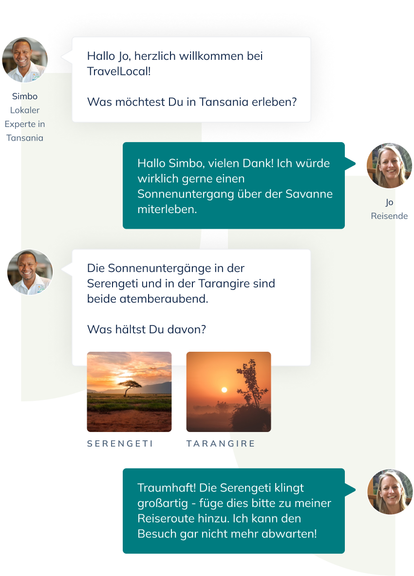 A example conversation between a traveller and one of our local experts in Tanzania. They're deciding where's best to see the sunset.