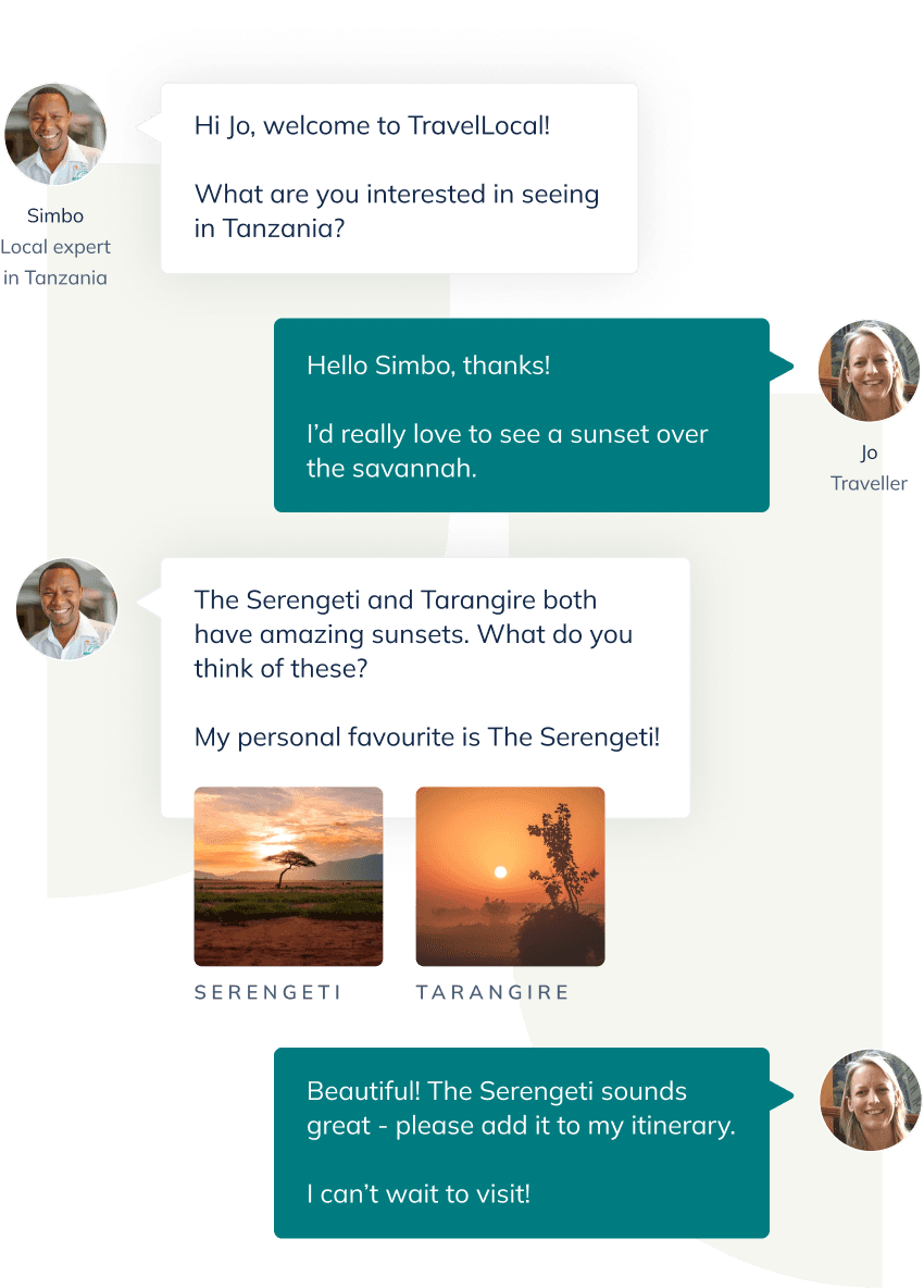 A example conversation between a traveller and one of our local experts in Tanzania. They're deciding where's best to see the sunset.